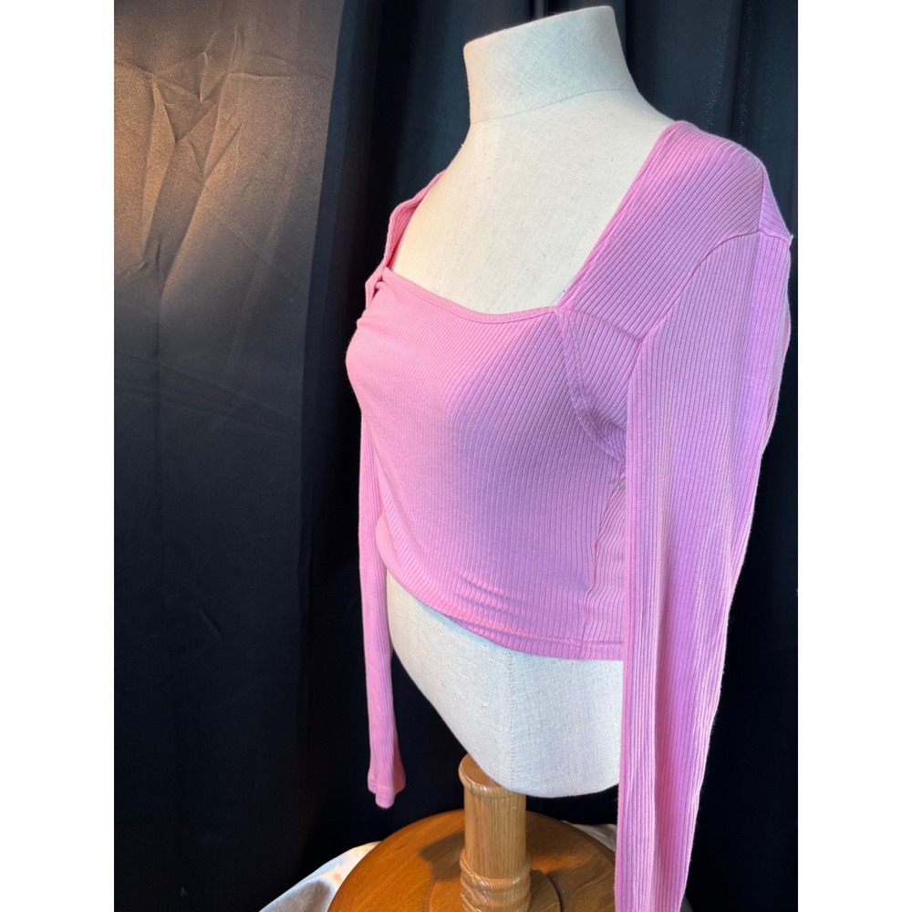 SHEIN Pink Ribbed Multi Way Tie Front Long Sleeve Crop Top Square Neck S